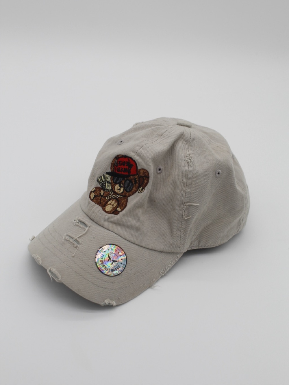 MUKA Paid Bear Dad Hat Cap Beige Tan Distressed Embroidered Money Bear Strapback
